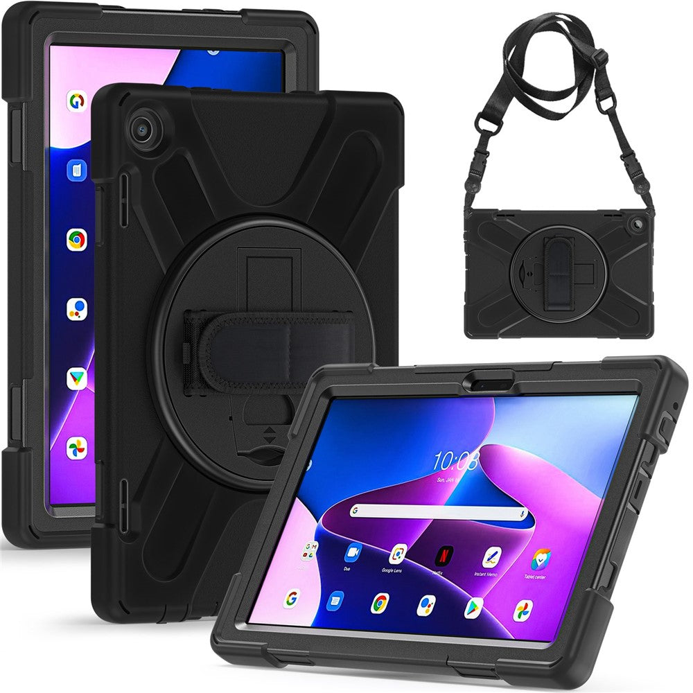 For Lenovo Tab M10 (Gen 3) TB-328FU / TB-328XU Rotary Hand Strap Kickstand Tablet Case PC + Silicone Shockproof Cover with Shoulder Strap - Black