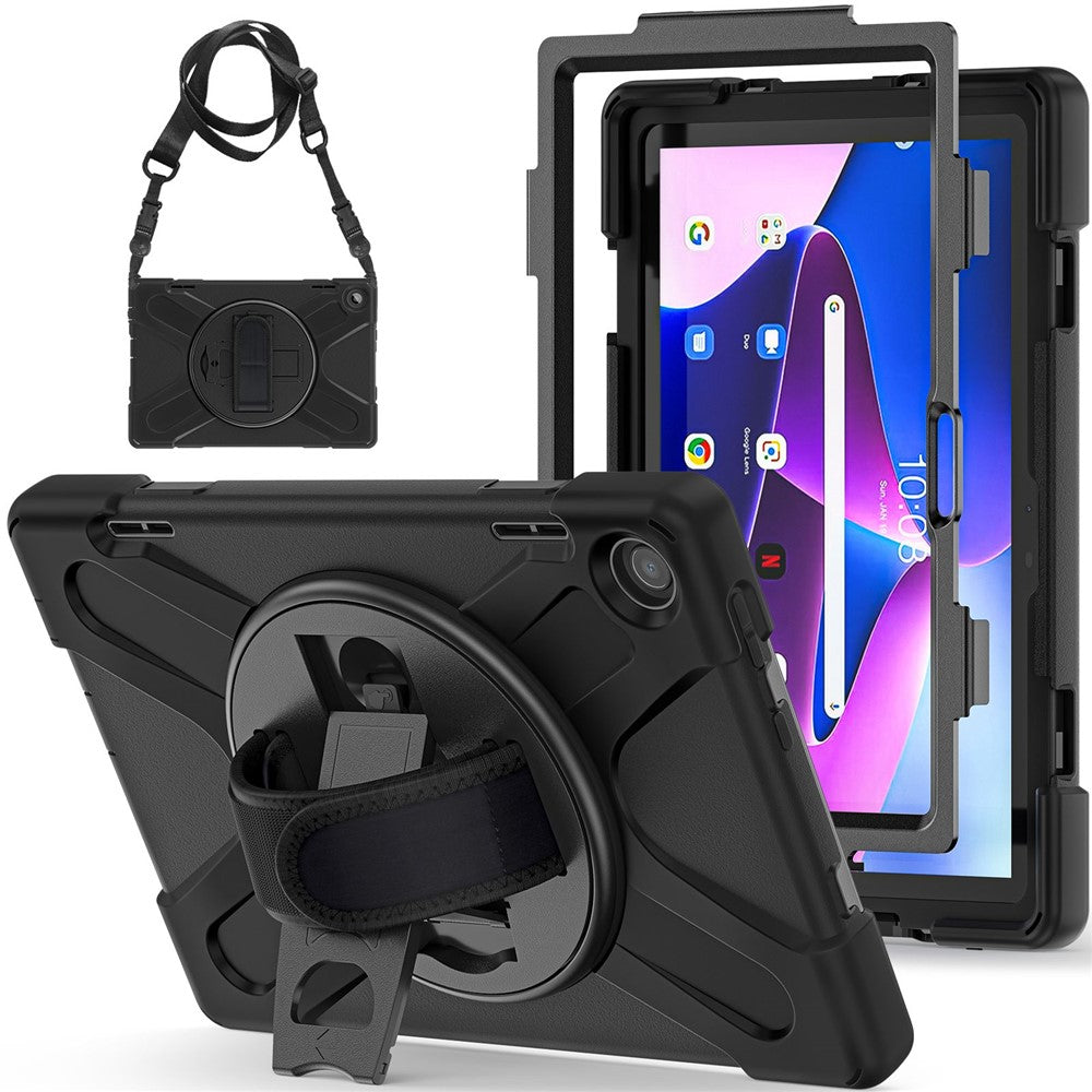 For Lenovo Tab M10 (Gen 3) TB-328FU / TB-328XU Rotary Hand Strap Kickstand Tablet Case PC + Silicone Shockproof Cover with Shoulder Strap - Black