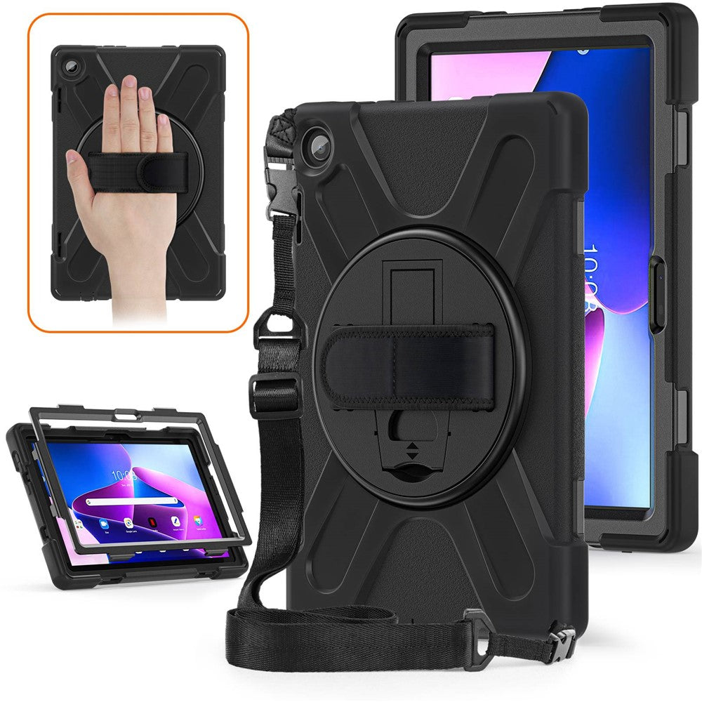 For Lenovo Tab M10 (Gen 3) TB-328FU / TB-328XU Rotary Hand Strap Kickstand Tablet Case PC + Silicone Shockproof Cover with Shoulder Strap - Black