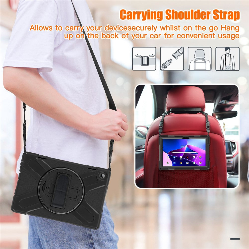 For Lenovo Tab M10 (Gen 3) TB-328FU / TB-328XU Rotary Hand Strap Kickstand Tablet Case PC + Silicone Shockproof Cover with Shoulder Strap - Black