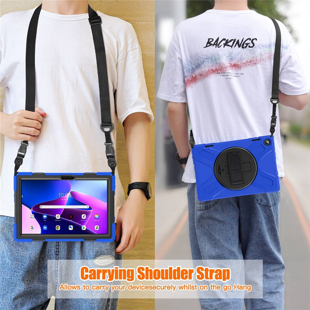 For Lenovo Tab M10 (Gen 3) TB-328FU / TB-328XU Rotary Hand Strap Kickstand Tablet Case PC + Silicone Shockproof Cover with Shoulder Strap - Blue