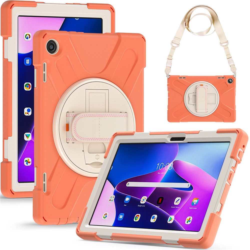 For Lenovo Tab M10 (Gen 3) TB-328FU / TB-328XU Rotary Hand Strap Kickstand Tablet Case PC + Silicone Shockproof Cover with Shoulder Strap - Orange