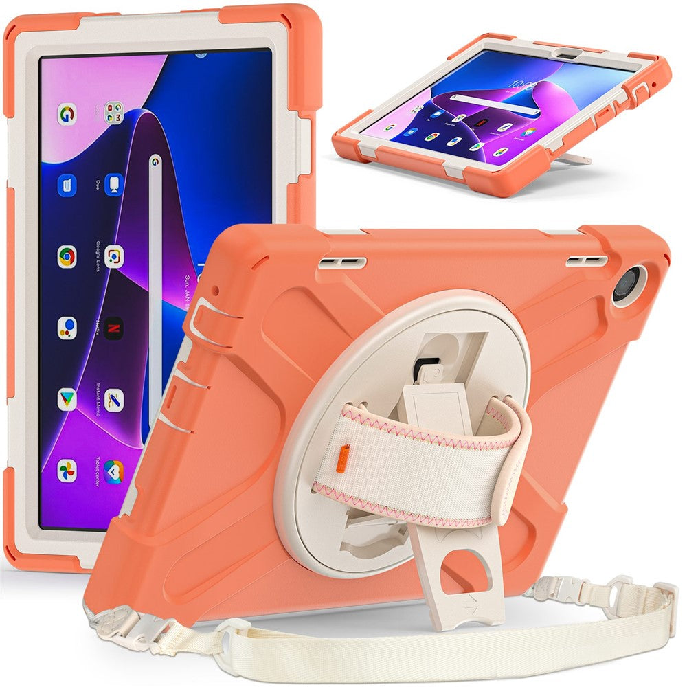 For Lenovo Tab M10 (Gen 3) TB-328FU / TB-328XU Rotary Hand Strap Kickstand Tablet Case PC + Silicone Shockproof Cover with Shoulder Strap - Orange
