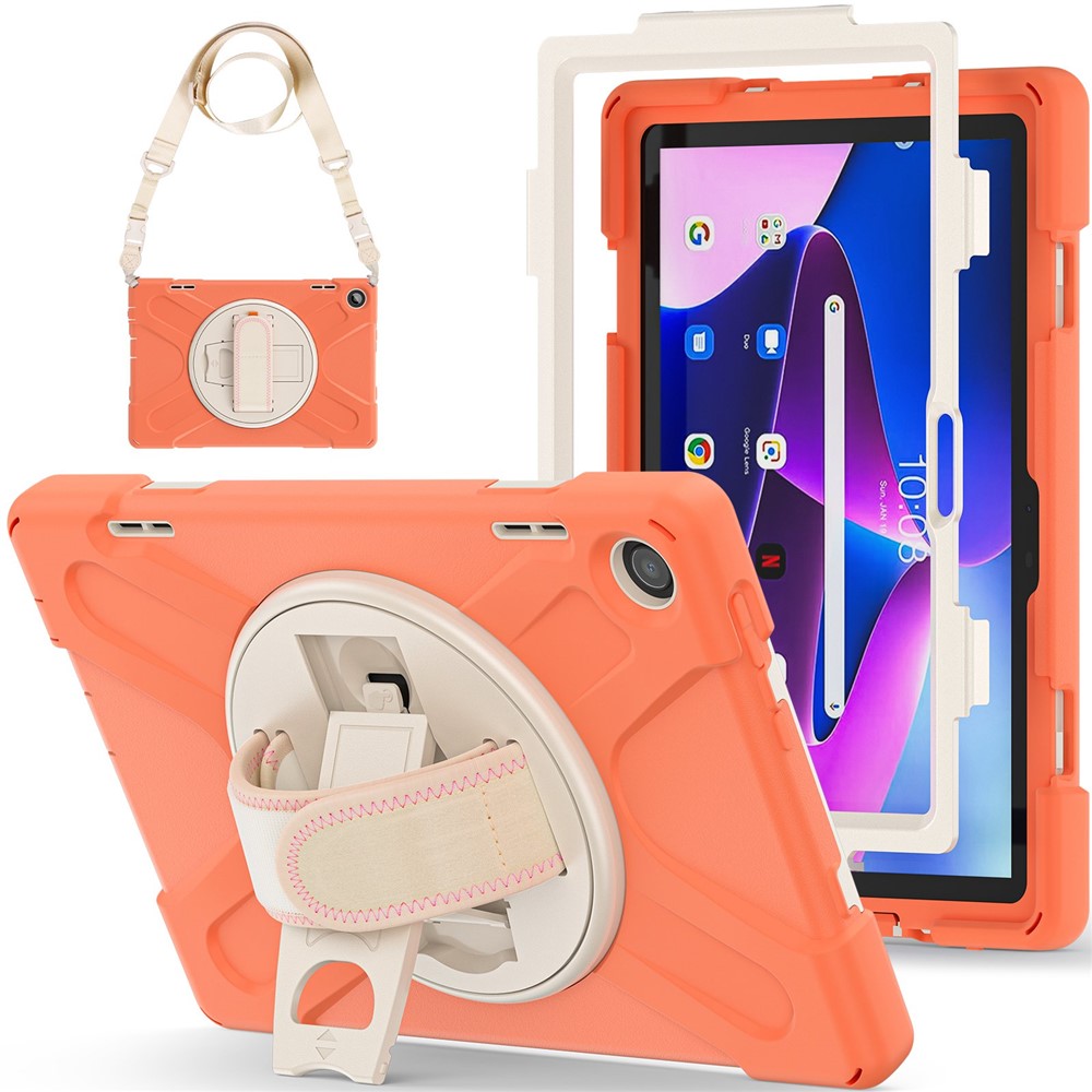 For Lenovo Tab M10 (Gen 3) TB-328FU / TB-328XU Rotary Hand Strap Kickstand Tablet Case PC + Silicone Shockproof Cover with Shoulder Strap - Orange