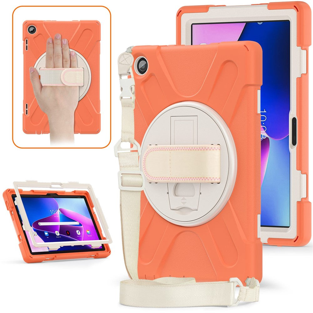 For Lenovo Tab M10 (Gen 3) TB-328FU / TB-328XU Rotary Hand Strap Kickstand Tablet Case PC + Silicone Shockproof Cover with Shoulder Strap - Orange