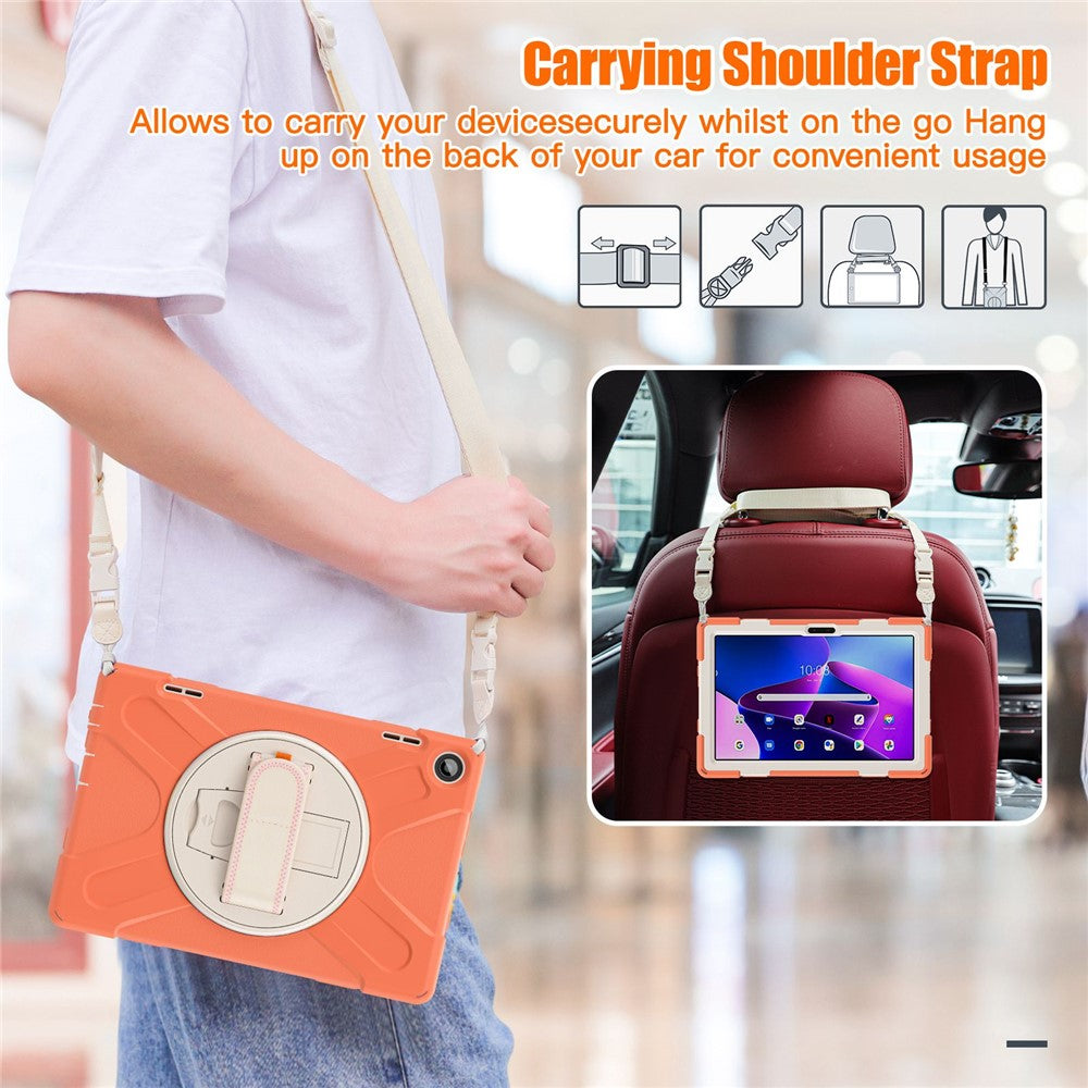 For Lenovo Tab M10 (Gen 3) TB-328FU / TB-328XU Rotary Hand Strap Kickstand Tablet Case PC + Silicone Shockproof Cover with Shoulder Strap - Orange