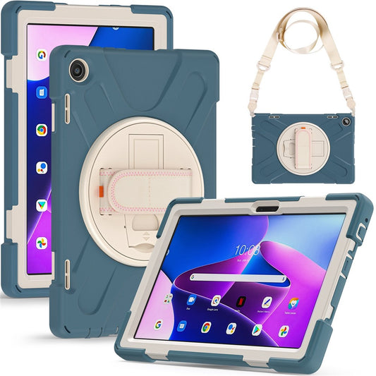 For Lenovo Tab M10 (Gen 3) TB-328FU / TB-328XU Rotary Hand Strap Kickstand Tablet Case PC + Silicone Shockproof Cover with Shoulder Strap - Cornflower Blue