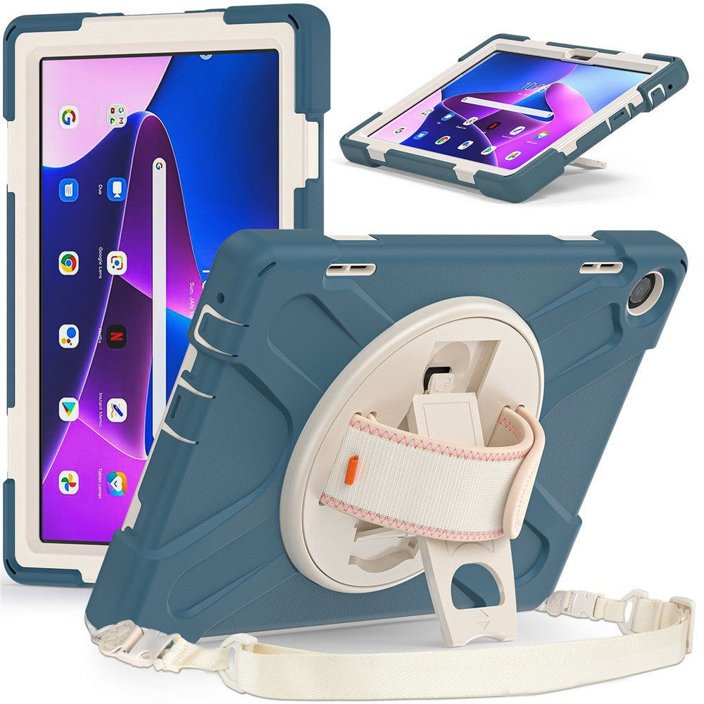 For Lenovo Tab M10 (Gen 3) TB-328FU / TB-328XU Rotary Hand Strap Kickstand Tablet Case PC + Silicone Shockproof Cover with Shoulder Strap - Cornflower Blue