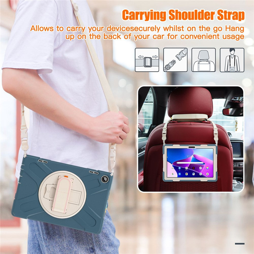 For Lenovo Tab M10 (Gen 3) TB-328FU / TB-328XU Rotary Hand Strap Kickstand Tablet Case PC + Silicone Shockproof Cover with Shoulder Strap - Cornflower Blue