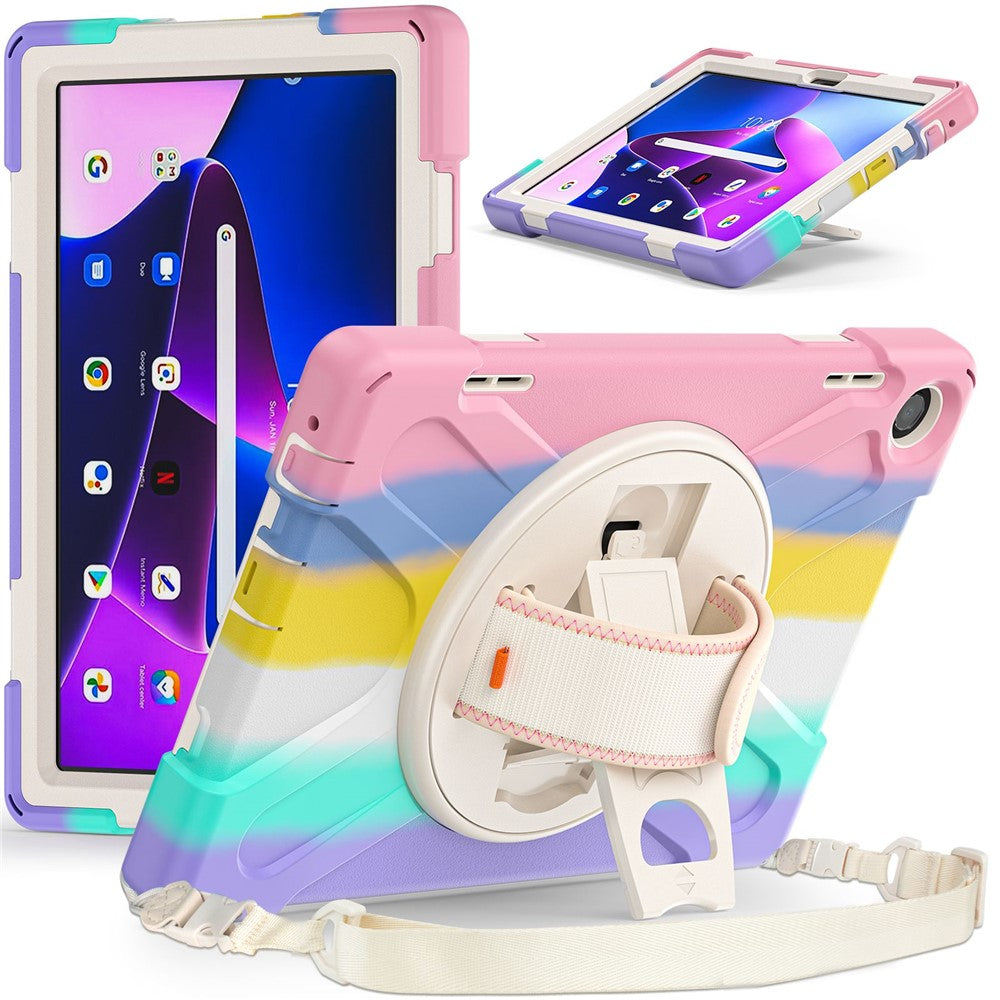 For Lenovo Tab M10 (Gen 3) TB-328FU / TB-328XU Rotary Hand Strap Kickstand Tablet Case PC + Silicone Shockproof Cover with Shoulder Strap - Colorful Pink