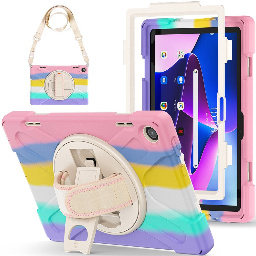 For Lenovo Tab M10 (Gen 3) TB-328FU / TB-328XU Rotary Hand Strap Kickstand Tablet Case PC + Silicone Shockproof Cover with Shoulder Strap - Colorful Pink