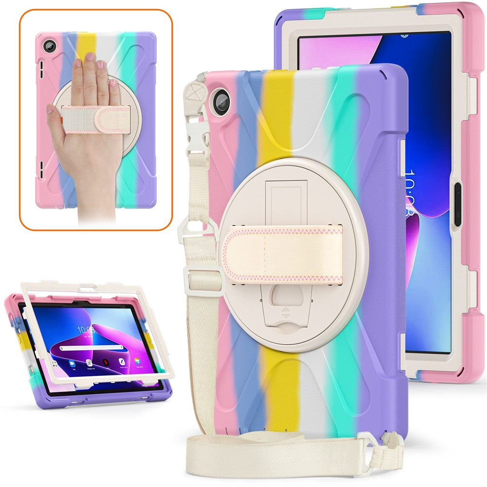 For Lenovo Tab M10 (Gen 3) TB-328FU / TB-328XU Rotary Hand Strap Kickstand Tablet Case PC + Silicone Shockproof Cover with Shoulder Strap - Colorful Pink