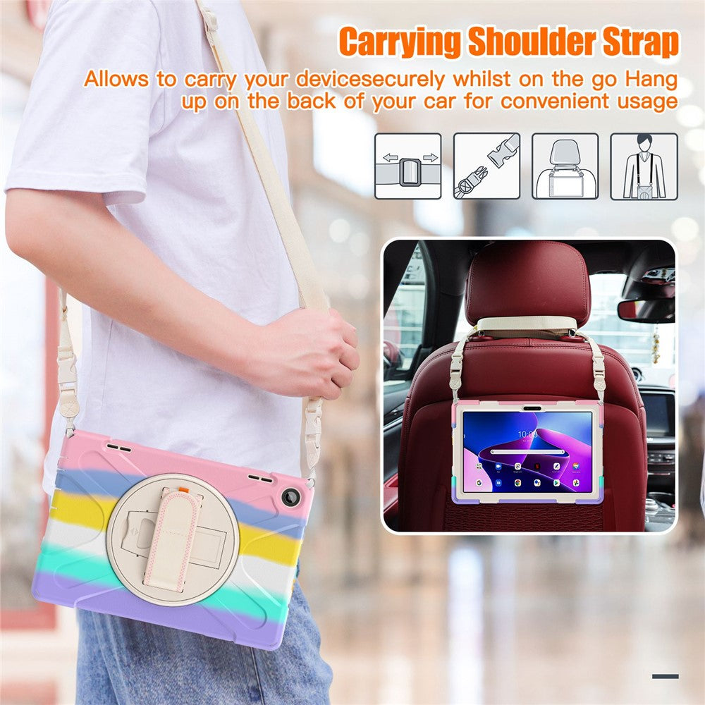 For Lenovo Tab M10 (Gen 3) TB-328FU / TB-328XU Rotary Hand Strap Kickstand Tablet Case PC + Silicone Shockproof Cover with Shoulder Strap - Colorful Pink