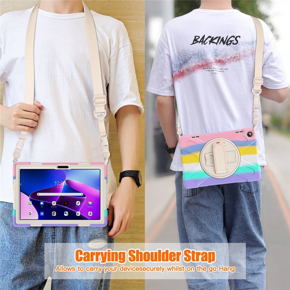 For Lenovo Tab M10 (Gen 3) TB-328FU / TB-328XU Rotary Hand Strap Kickstand Tablet Case PC + Silicone Shockproof Cover with Shoulder Strap - Colorful Pink