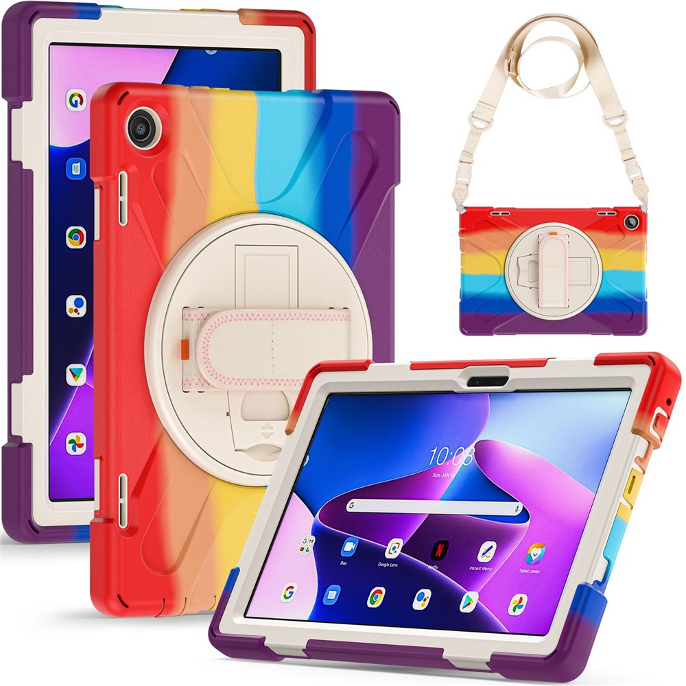 For Lenovo Tab M10 (Gen 3) TB-328FU / TB-328XU Rotary Hand Strap Kickstand Tablet Case PC + Silicone Shockproof Cover with Shoulder Strap - Colorful Red