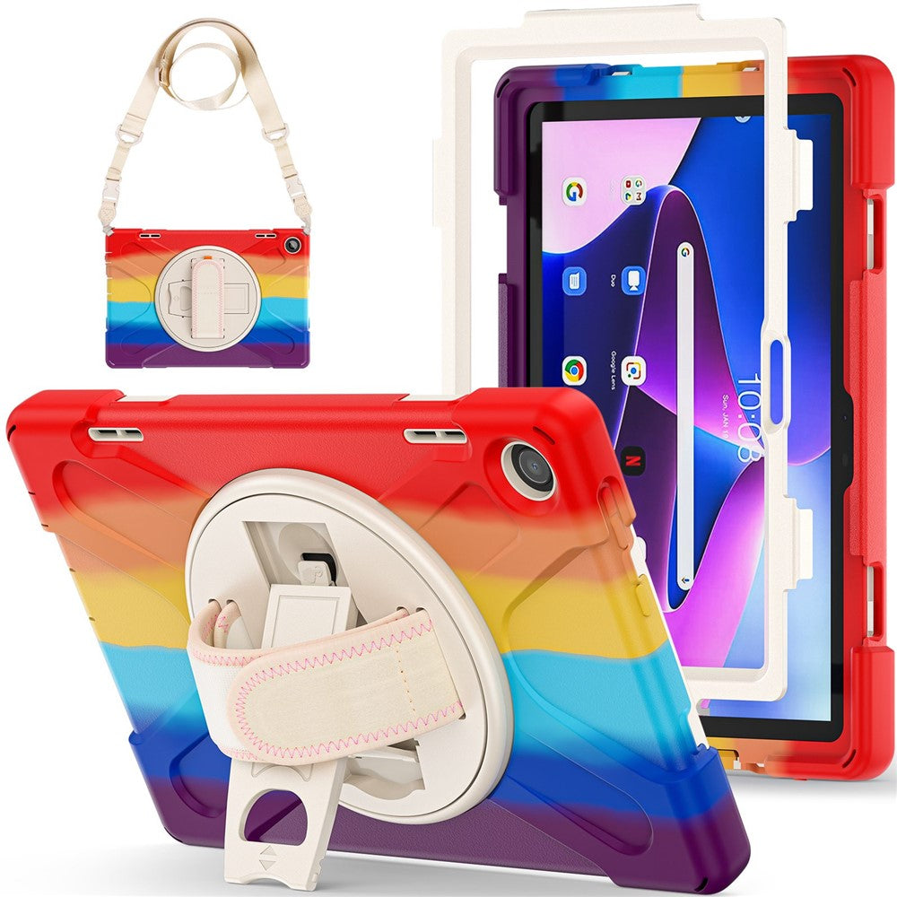 For Lenovo Tab M10 (Gen 3) TB-328FU / TB-328XU Rotary Hand Strap Kickstand Tablet Case PC + Silicone Shockproof Cover with Shoulder Strap - Colorful Red
