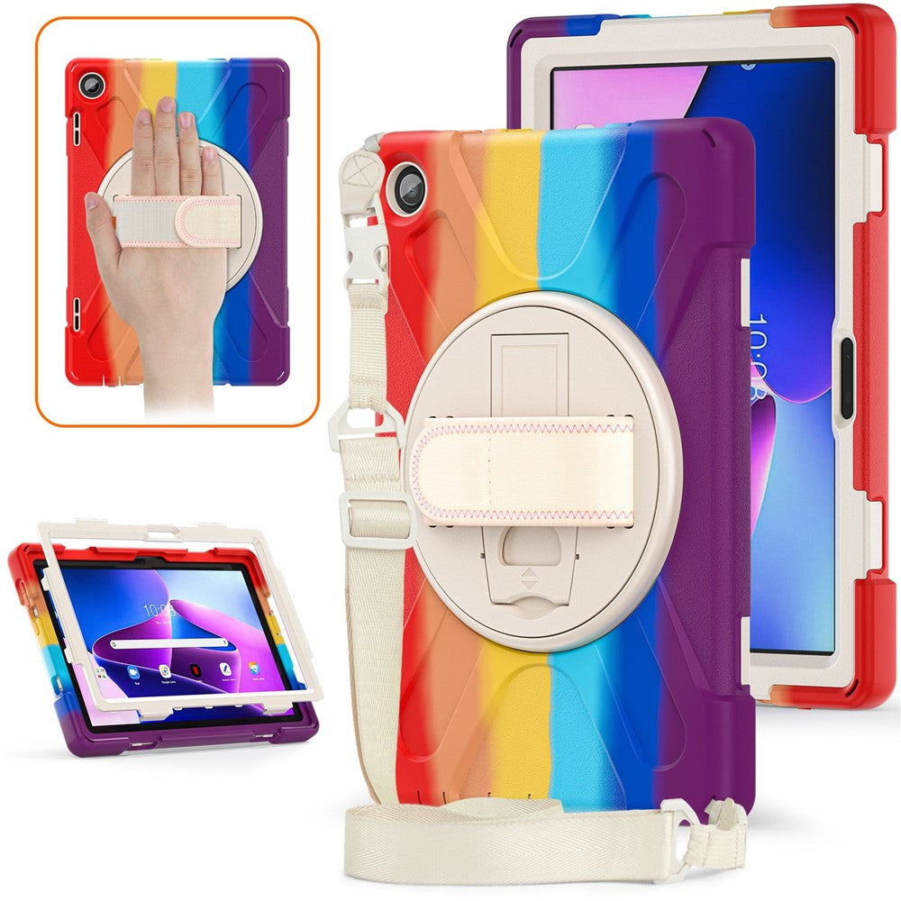 For Lenovo Tab M10 (Gen 3) TB-328FU / TB-328XU Rotary Hand Strap Kickstand Tablet Case PC + Silicone Shockproof Cover with Shoulder Strap - Colorful Red