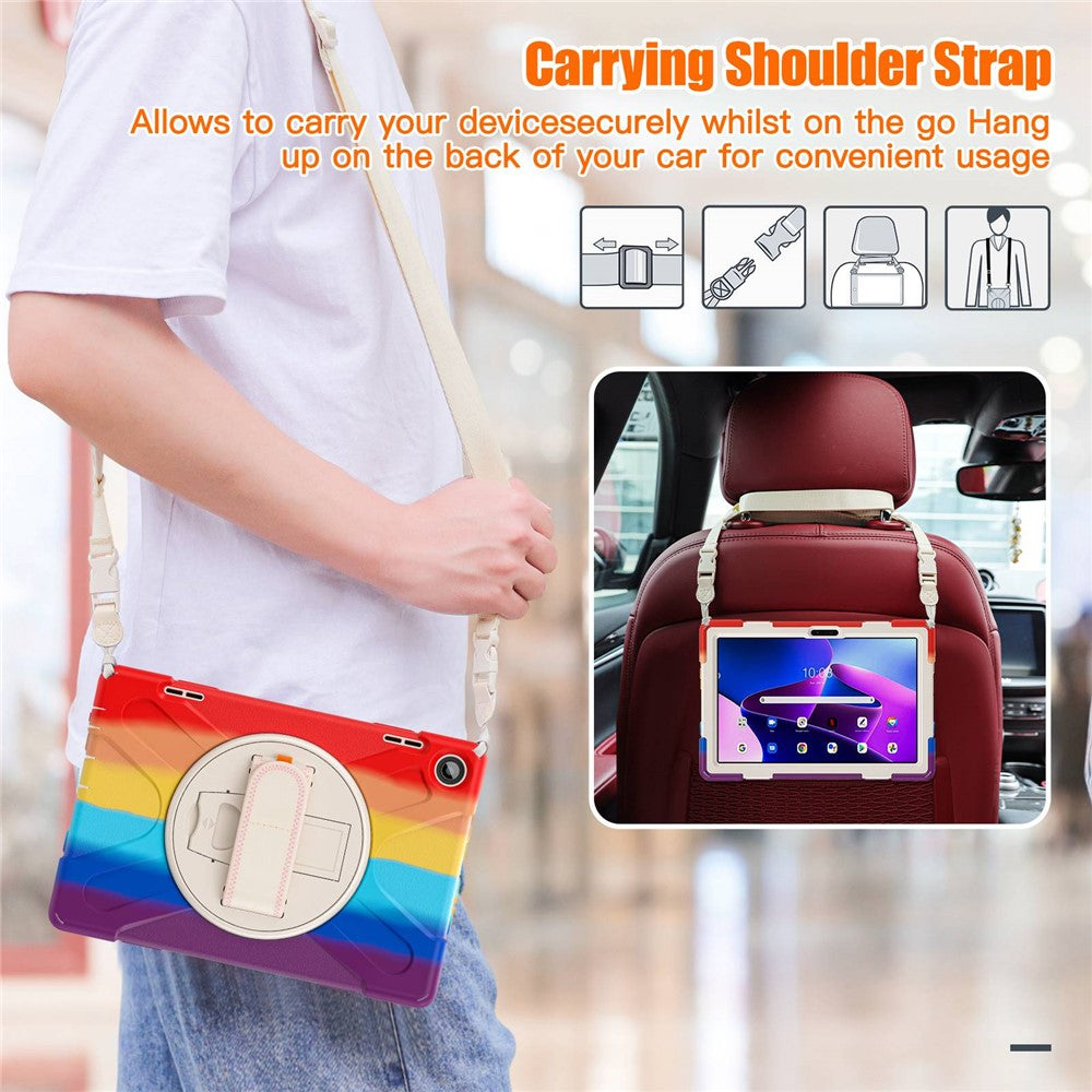 For Lenovo Tab M10 (Gen 3) TB-328FU / TB-328XU Rotary Hand Strap Kickstand Tablet Case PC + Silicone Shockproof Cover with Shoulder Strap - Colorful Red
