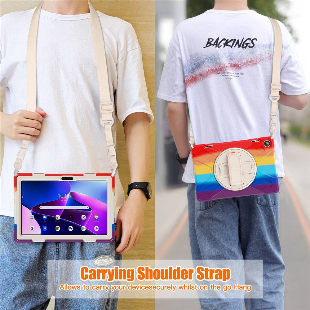 For Lenovo Tab M10 (Gen 3) TB-328FU / TB-328XU Rotary Hand Strap Kickstand Tablet Case PC + Silicone Shockproof Cover with Shoulder Strap - Colorful Red