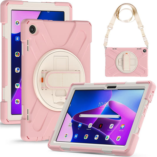 For Lenovo Tab M10 (Gen 3) TB-328FU / TB-328XU Rotary Hand Strap Kickstand Tablet Case PC + Silicone Shockproof Cover with Shoulder Strap - Cherry Blossom Pink