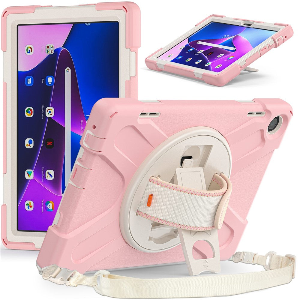For Lenovo Tab M10 (Gen 3) TB-328FU / TB-328XU Rotary Hand Strap Kickstand Tablet Case PC + Silicone Shockproof Cover with Shoulder Strap - Cherry Blossom Pink