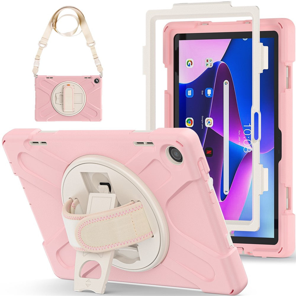 For Lenovo Tab M10 (Gen 3) TB-328FU / TB-328XU Rotary Hand Strap Kickstand Tablet Case PC + Silicone Shockproof Cover with Shoulder Strap - Cherry Blossom Pink
