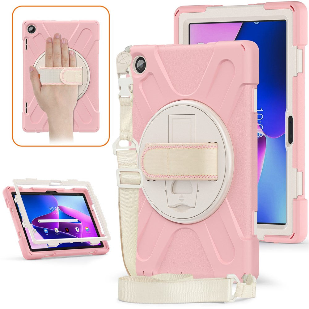 For Lenovo Tab M10 (Gen 3) TB-328FU / TB-328XU Rotary Hand Strap Kickstand Tablet Case PC + Silicone Shockproof Cover with Shoulder Strap - Cherry Blossom Pink