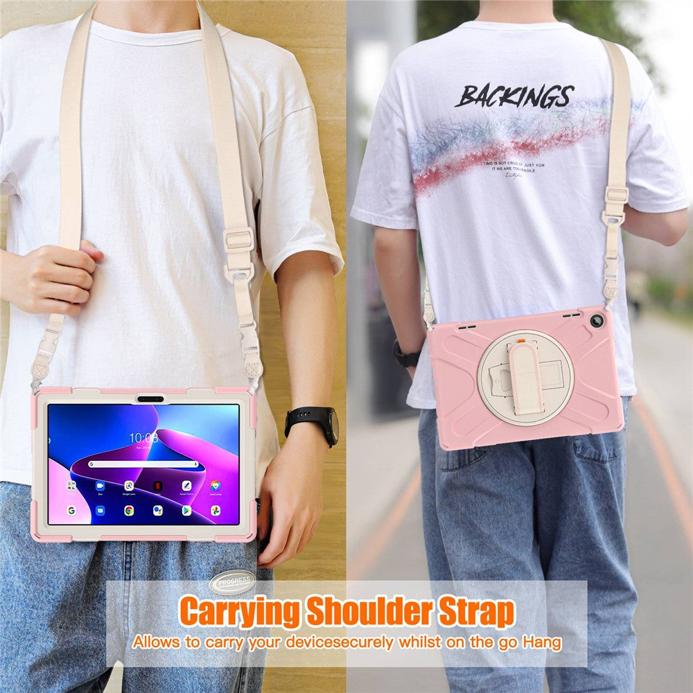 For Lenovo Tab M10 (Gen 3) TB-328FU / TB-328XU Rotary Hand Strap Kickstand Tablet Case PC + Silicone Shockproof Cover with Shoulder Strap - Cherry Blossom Pink
