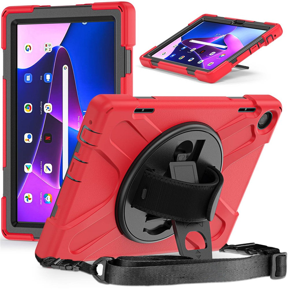 For Lenovo Tab M10 (Gen 3) TB-328FU / TB-328XU Rotary Hand Strap Kickstand Tablet Case PC + Silicone Shockproof Cover with Shoulder Strap - Red