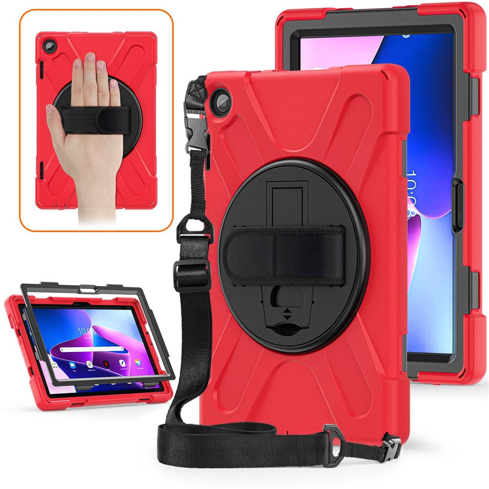 For Lenovo Tab M10 (Gen 3) TB-328FU / TB-328XU Rotary Hand Strap Kickstand Tablet Case PC + Silicone Shockproof Cover with Shoulder Strap - Red