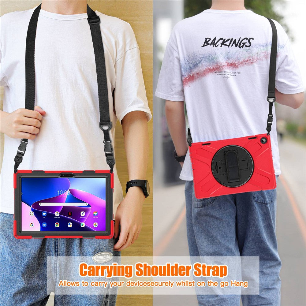 For Lenovo Tab M10 (Gen 3) TB-328FU / TB-328XU Rotary Hand Strap Kickstand Tablet Case PC + Silicone Shockproof Cover with Shoulder Strap - Red