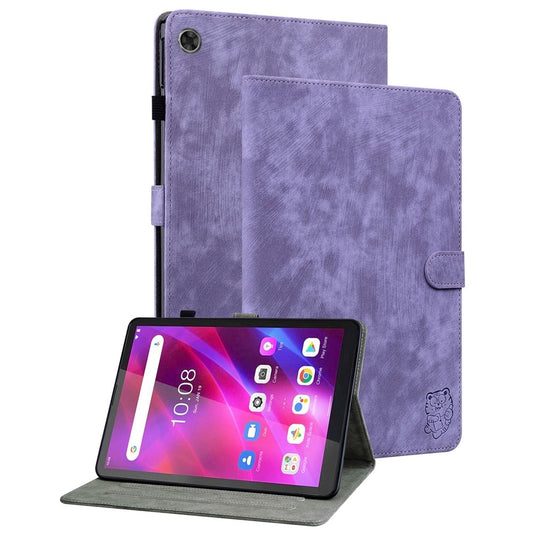 Cute Tiger Pattern Imprinted Case for Lenovo Tab M7 (3rd Gen), PU Leather Anti-scratch Stand Card Holder Cover - Purple