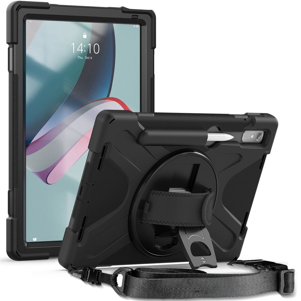 For Lenovo Tab P11 Pro Gen 2 Case Rotation Kickstand PC + Silicone Tablet Cover with Hand Strap / Shoulder Strap - Black