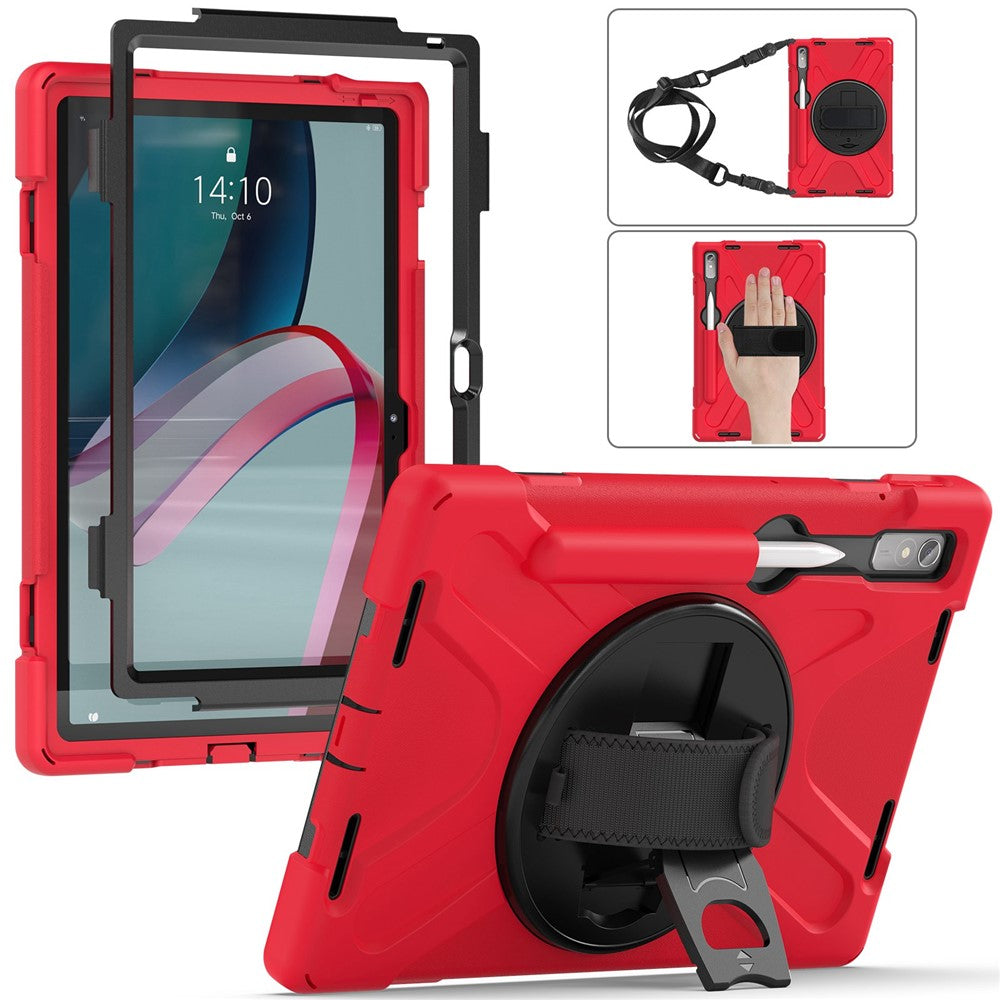 For Lenovo Tab P11 Pro Gen 2 Case Rotation Kickstand PC + Silicone Tablet Cover with Hand Strap / Shoulder Strap - Red
