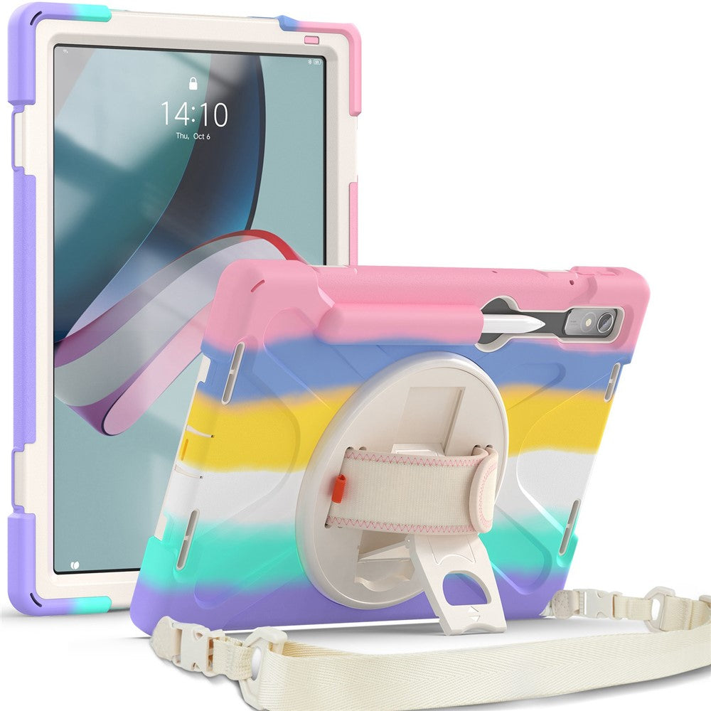 For Lenovo Tab P11 Pro Gen 2 Case Rotation Kickstand PC + Silicone Tablet Cover with Hand Strap / Shoulder Strap - Colorful Pink
