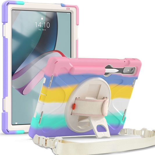 For Lenovo Tab P11 Pro Gen 2 Case Rotation Kickstand PC + Silicone Tablet Cover with Hand Strap / Shoulder Strap - Colorful Pink