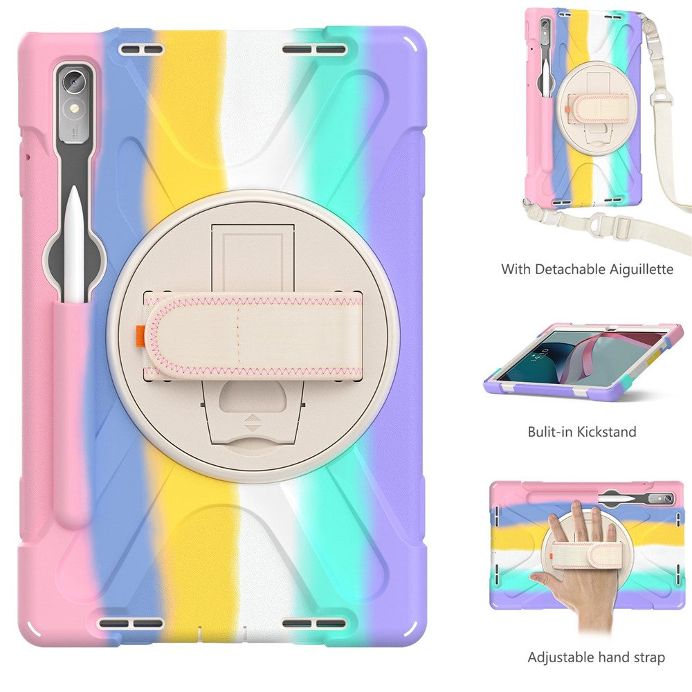 For Lenovo Tab P11 Pro Gen 2 Case Rotation Kickstand PC + Silicone Tablet Cover with Hand Strap / Shoulder Strap - Colorful Pink