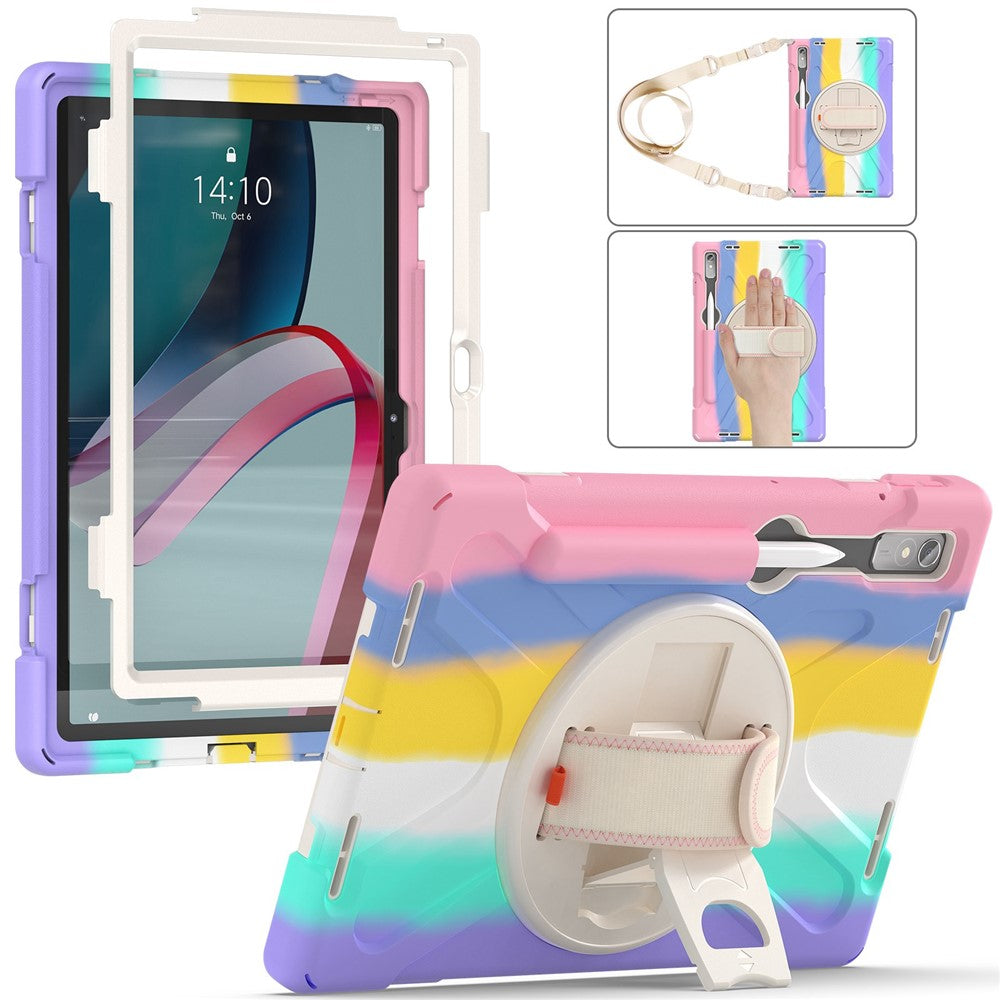 For Lenovo Tab P11 Pro Gen 2 Case Rotation Kickstand PC + Silicone Tablet Cover with Hand Strap / Shoulder Strap - Colorful Pink