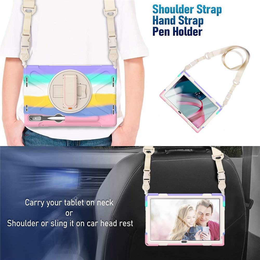 For Lenovo Tab P11 Pro Gen 2 Case Rotation Kickstand PC + Silicone Tablet Cover with Hand Strap / Shoulder Strap - Colorful Pink