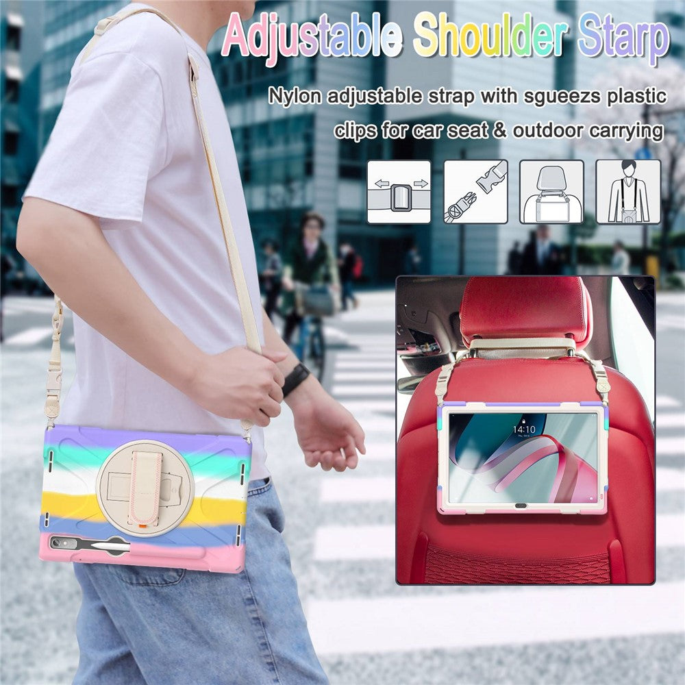For Lenovo Tab P11 Pro Gen 2 Case Rotation Kickstand PC + Silicone Tablet Cover with Hand Strap / Shoulder Strap - Colorful Pink