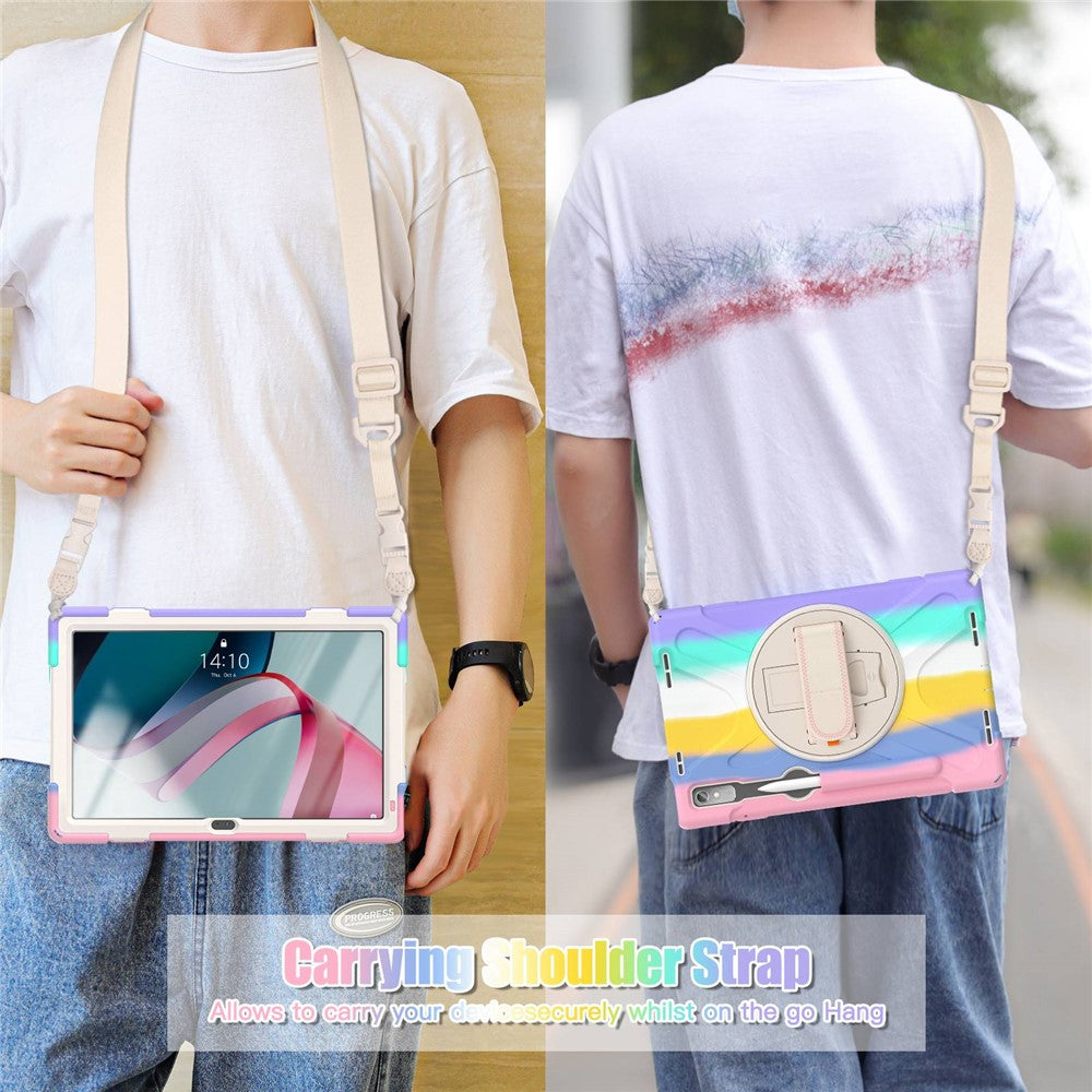 For Lenovo Tab P11 Pro Gen 2 Case Rotation Kickstand PC + Silicone Tablet Cover with Hand Strap / Shoulder Strap - Colorful Pink