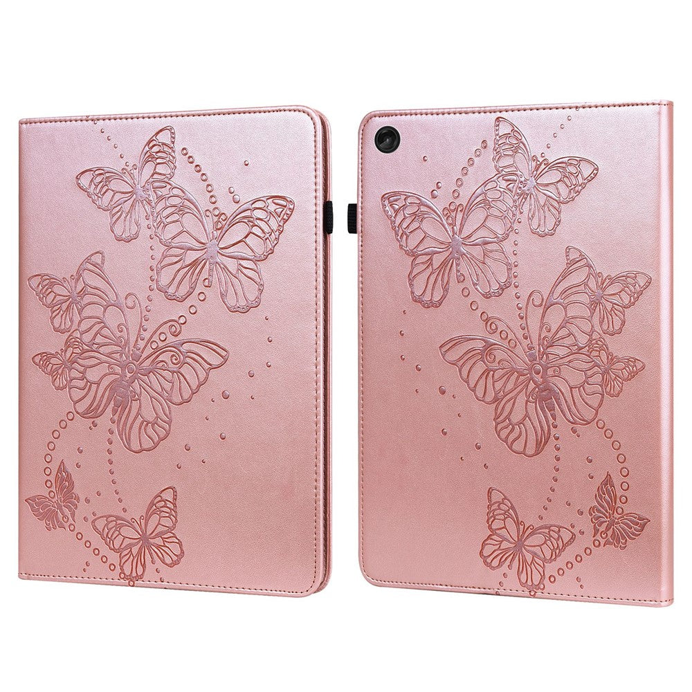 For Lenovo Tab M10 (Gen 3) TB-328FU / TB-328XU PU Leather Drop-proof Tablet Cover Butterfly Imprinted Foldable Stand Card Holder Shell with Elastic Band - Rose Gold