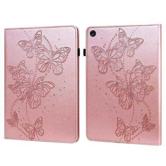 For Lenovo Tab M10 (Gen 3) TB-328FU / TB-328XU PU Leather Drop-proof Tablet Cover Butterfly Imprinted Foldable Stand Card Holder Shell with Elastic Band - Rose Gold
