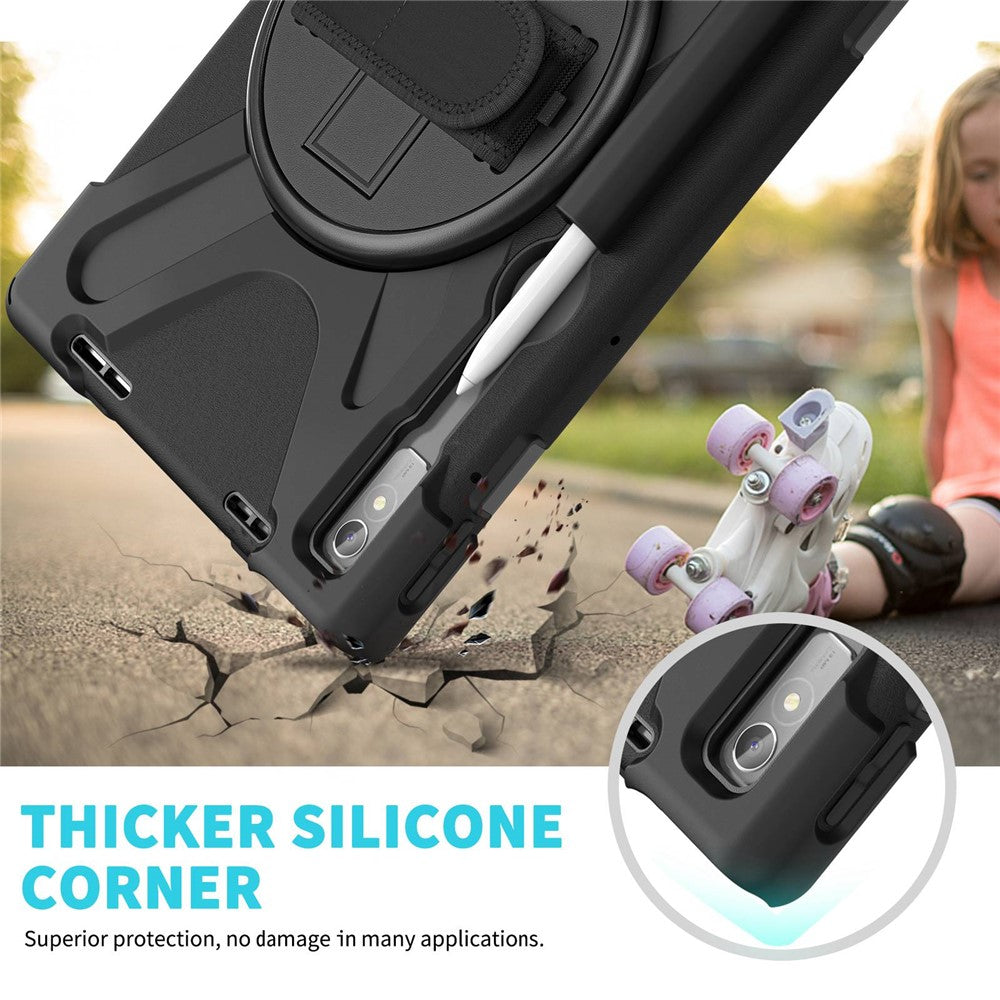For Lenovo Tab P11 Pro Gen 2 / Tab P11 Pro 2022 Kickstand PC + Silicone Tablet Case 360 Degree Rotation Hand Strap Shockproof Rugged Protective Cover - Black