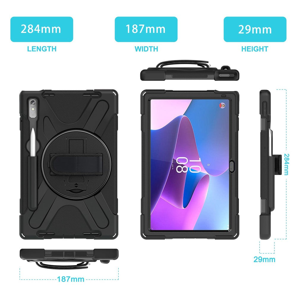 For Lenovo Tab P11 Pro Gen 2 / Tab P11 Pro 2022 Kickstand PC + Silicone Tablet Case 360 Degree Rotation Hand Strap Shockproof Rugged Protective Cover - Black