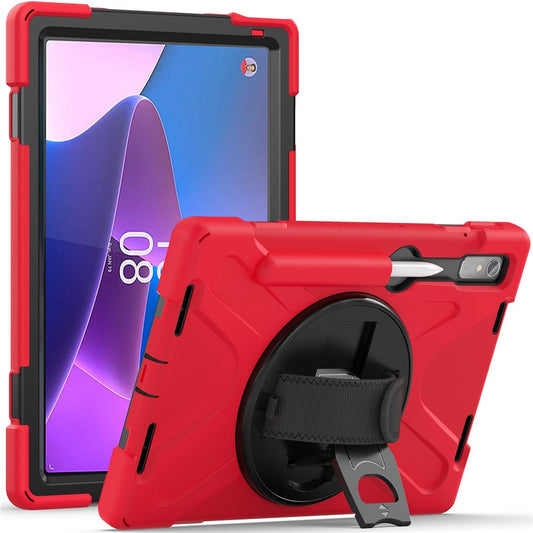 For Lenovo Tab P11 Pro Gen 2 / Tab P11 Pro 2022 Kickstand PC + Silicone Tablet Case 360 Degree Rotation Hand Strap Shockproof Rugged Protective Cover - Red