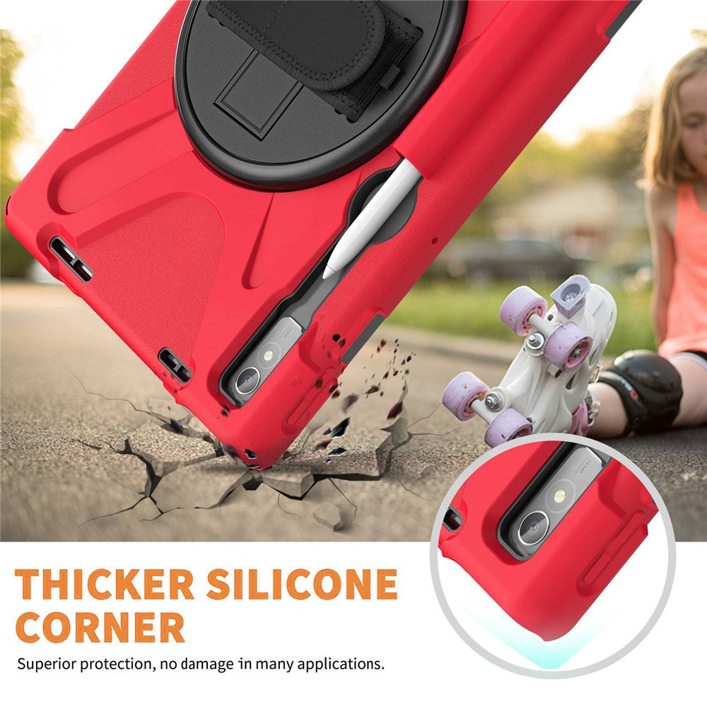 For Lenovo Tab P11 Pro Gen 2 / Tab P11 Pro 2022 Kickstand PC + Silicone Tablet Case 360 Degree Rotation Hand Strap Shockproof Rugged Protective Cover - Red