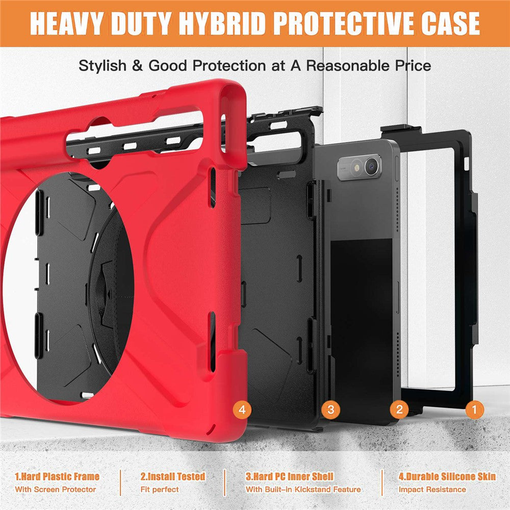For Lenovo Tab P11 Pro Gen 2 / Tab P11 Pro 2022 Kickstand PC + Silicone Tablet Case 360 Degree Rotation Hand Strap Shockproof Rugged Protective Cover - Red