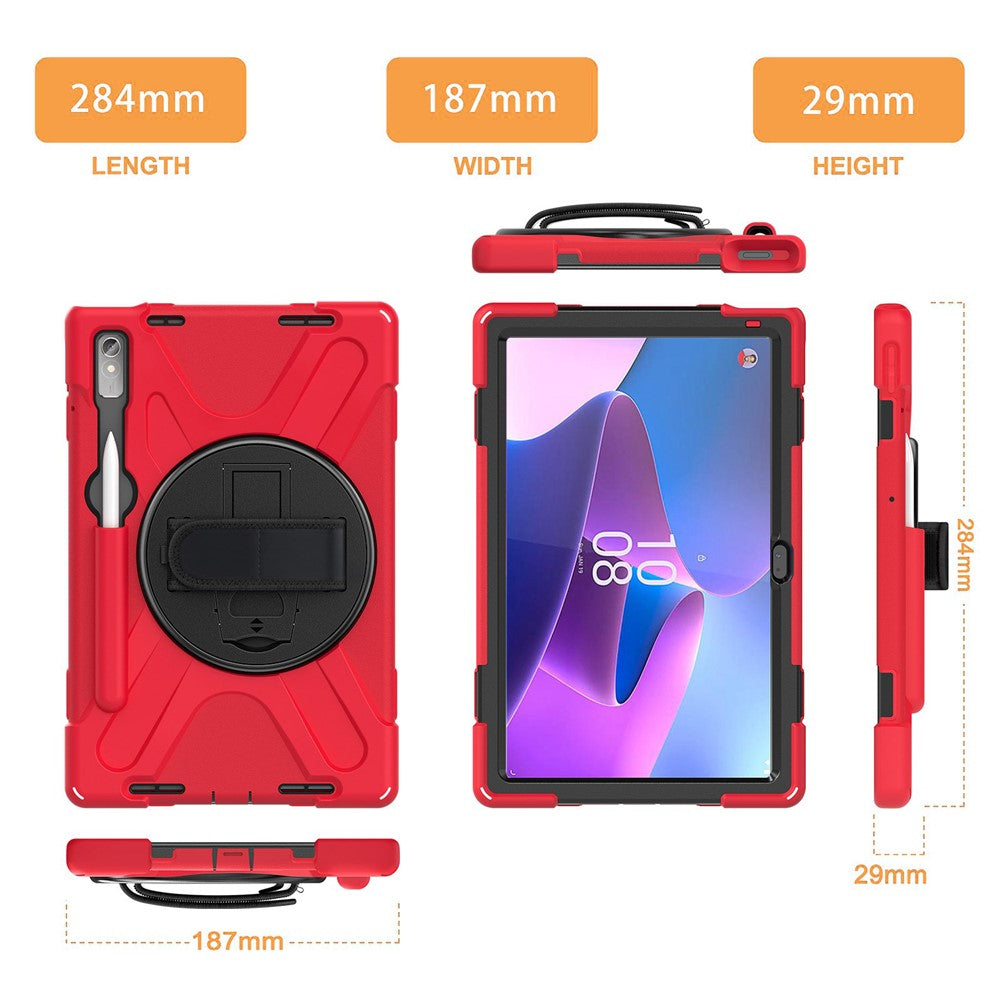 For Lenovo Tab P11 Pro Gen 2 / Tab P11 Pro 2022 Kickstand PC + Silicone Tablet Case 360 Degree Rotation Hand Strap Shockproof Rugged Protective Cover - Red