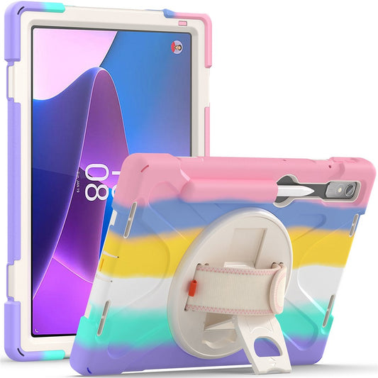 For Lenovo Tab P11 Pro Gen 2 / Tab P11 Pro 2022 Kickstand PC + Silicone Tablet Case 360 Degree Rotation Hand Strap Shockproof Rugged Protective Cover - Colorful Pink